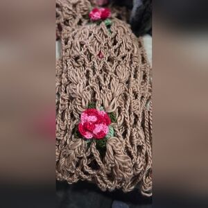 Handmade Crochet Scarf with Pink Floral Design
